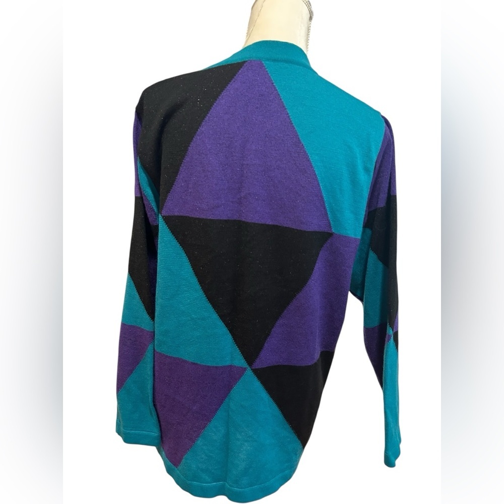 Vintage 80s FREYA Geometric Patterned Teal, Purple, and Black cardigan Sweater - Picture 3 of 5